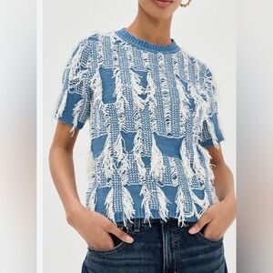 Ulla Johnson Rumi Blue Cream Fringe short sleeve sweater top blouse M $440